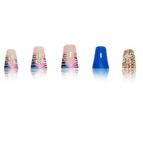 Image of Blue Press on Nails Star Fake Nails Duck Nail Press ons with Rhinestone Butterfly Charms Design French Tip Summer Stick on Nail for Women Manicure 24Pcs
