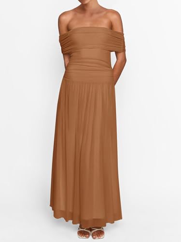 Image of MASCOMODA Women Off The Shoulder Mesh Maxi Dress Bodycon Ruched Formal Sleeveless Pleated Cocktail Wedding Guest Long Dresses