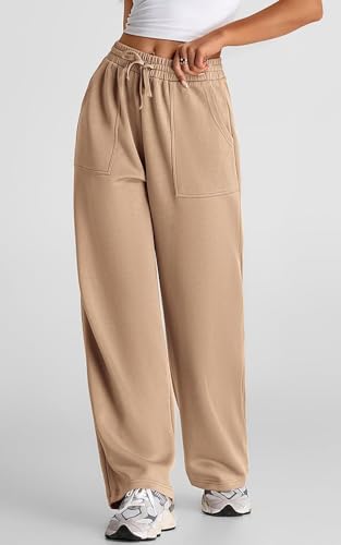 Image of Q - RIOUS Women's Wide Leg High Waisted Baggy Lounge Sweat Pants Drawstring Athletic Flared Joggers with Pockets