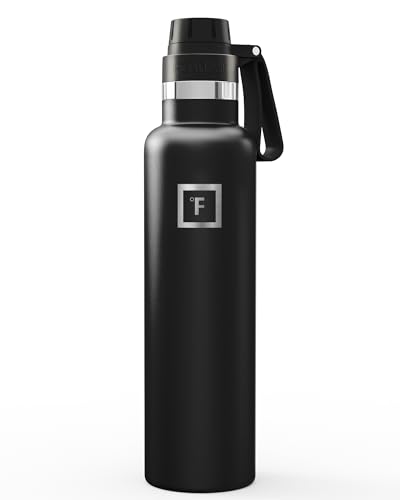 IRON °FLASK Camping & Hiking Hydration Flask with Spout, Narrow Mouth Insulated Stainless Steel Sports Water Bottle - Midnight Black 24 oz - Spout (1 Lid)