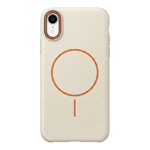 Image of amazon basics Luxury MagSafe Compatible Leather Texture Back Cover for iPhone XR | Raised Camera Protection | Slim Fit Shockproof Case with Metallic Accents (White)