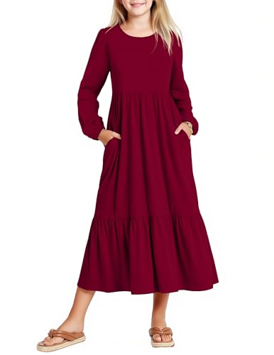 Image of Arshiner Girls Maxi Dresses Lantern Long Sleeve Casual Holiday Dress with Pockets for 5-14 Y