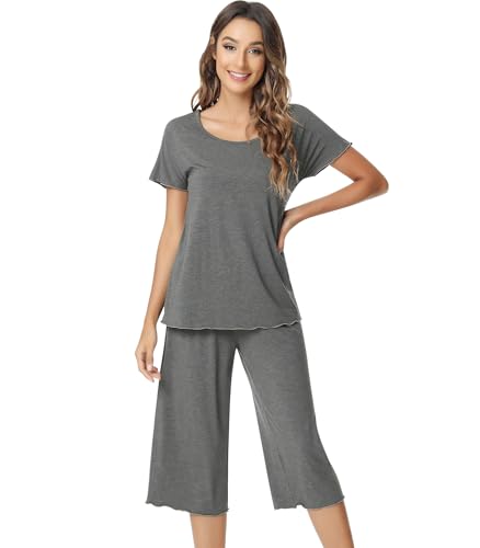 Image of NACHILA Women's Bamboo Viscose Pajama Sets Summer Cooling Short Sleeve Capri Soft Pjs Night Sweats Moisture Wicking Sleepwear