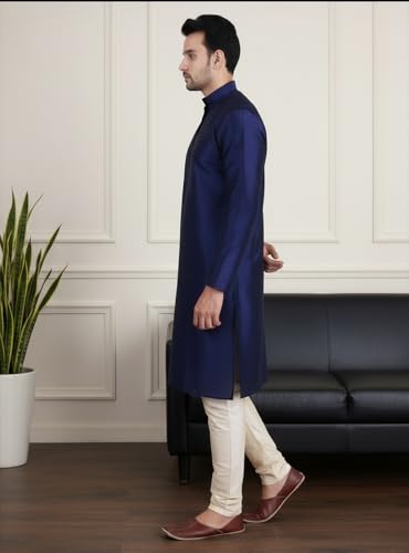 Image of Sadree Men's Silk Blend Mandrin Collor Full Sleeve Knee Length Indian Kurta Chudidar Pyjama Set