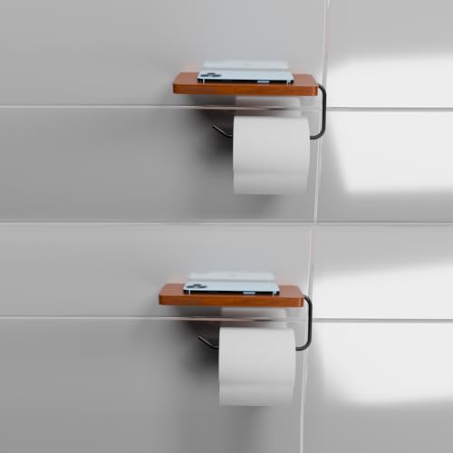 Image of Wooden Toilet Paper Holder with Phone Shelf for Bathroom - Matte Black Metal Tissue Roll Holder Wall Mount - Drill Only - Pack of 2 - Smartphone Shelf Organizer