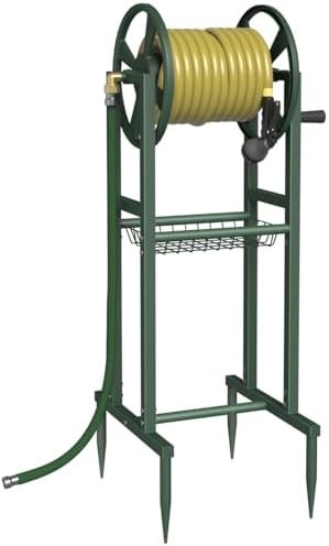 5 Side Mount Hose Reels That Will Change Your Gardening Game 4 Garbuildman Ground Mount Garden Hose Reel Holds 125 Feet of 5/8-Inch with 3.9 ft Leader Hose, Brass Fitting, Water Hose Holder Stand with Storage Rack & 4 Spikes Base for Outdoor Lawn, Green