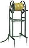 Garbuildman Ground Mount Garden Hose Reel Holds 125 Feet of 5/8-Inch with 3.9 ft Leader Hose, Brass Fitting, Water Hose Holder Stand with Storage Rack & 4 Spikes Base for Outdoor Lawn, Green