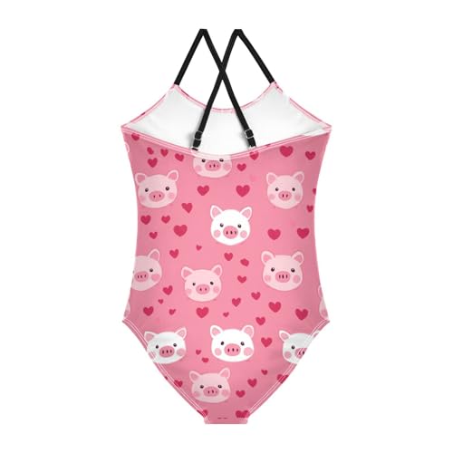 Cute Pig Girls One Piece Swimsuits Pink Hearts Sport Halter Swimwear Beach Bathing Suit 3T2