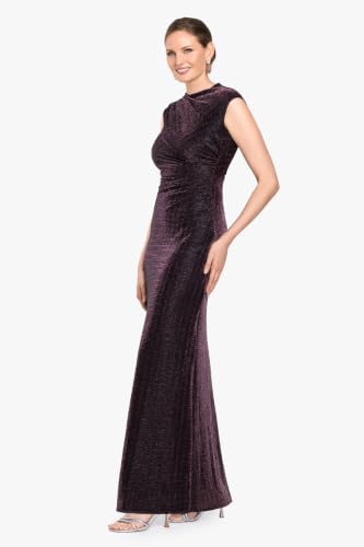 Image of Betsy & Adam Women's Long Halter Scuba Crepe Tiered Ruffle Slit Gown