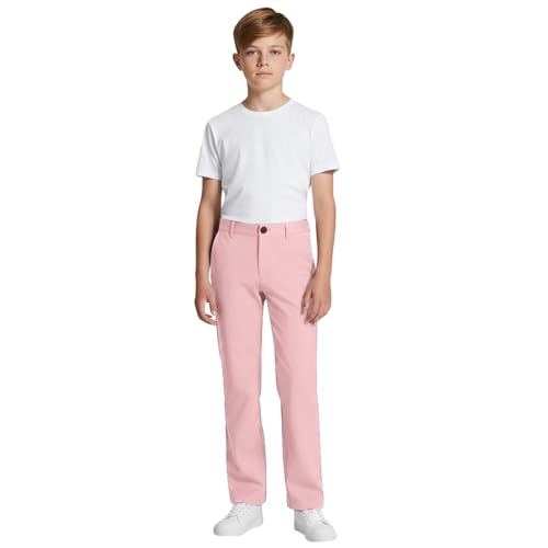 11-12 Years Boys Chino Pants School Uniform Stretch Straight Fit Flat-Front High Rise Elastic Waisted Youth Trousers Pink