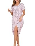Vlazom Women's Long Nightgown Pleated Casual Nightdress Short Sleeve Soft Nighties Nightwear with Pockets,Rose Pink Pattern,XL
