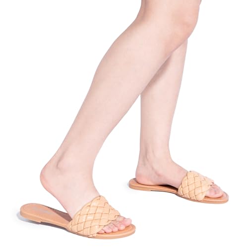 Image of FITORY Womens Flat Sandals Fashion Round Open Toe Slip On Slides | Braided Strap Design, Summer Casual Comfortable Shoes, Cute & Dressy Style, Ideal for Beach, Pool and Wedding