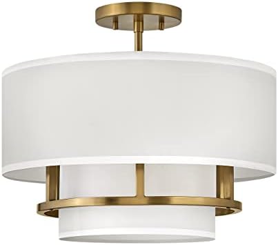 Hinkley Graham 38893LCB Medium Semi-Flush Mount Ceiling Light, Converts to Drum Chandelier, Welded Frame Between Faux Parchment Shades, in Lacquered Brass