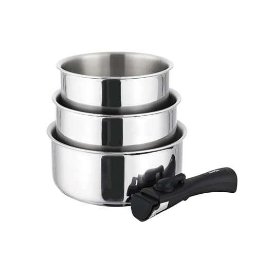 TeCuisine - Lot Coffret de 3 Casseroles Inox 18/10 Triply - 16/18/20 cm - Manche Amovible - Sans Revêtement - Sans PFAS, PFOA, PTFE - Compatible Tous Feux...