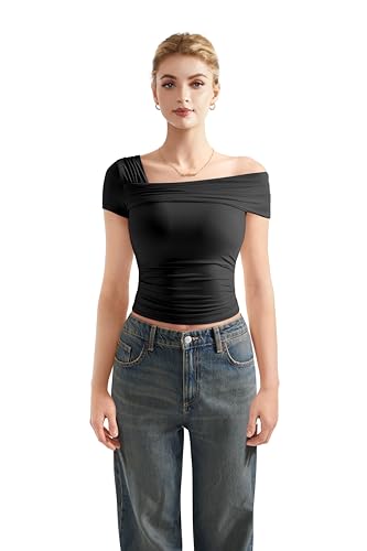 SUUKSESS Women One Off The Shoulder Summer Tank Tops Ruched Short Sleeve Shirts4