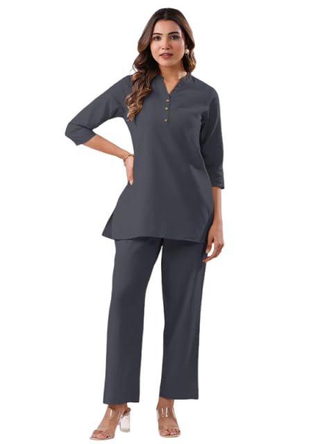 Image of Co Ord Set for Women Stylish Pure Cotton Airy Linen Lounge Wear Kurta Coord Set for Women | Regular Fit Solid Summer Kurti Set Casual, Travel, Office Formal Wear