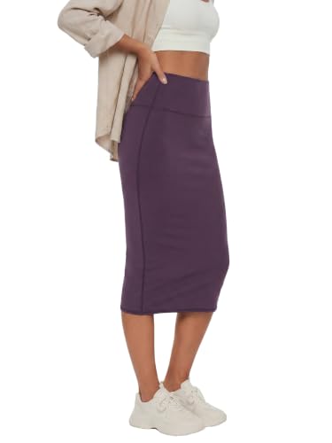 Image of Rooscier Women's High Waisted Pencil Midi Skirt | Stretchy Bodycon Knee Length Skirts with Back Slit