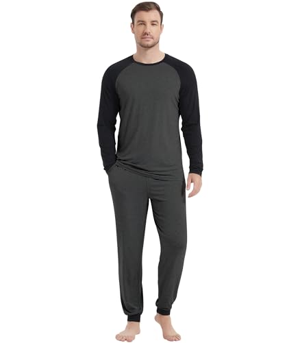 Image of NACHILA Mens Pajamas Set Long Sleeve Henley Sleepwear Top Soft Jogger Pants Pajamas Cool Pjs Set,Viscose Made from Bamboo