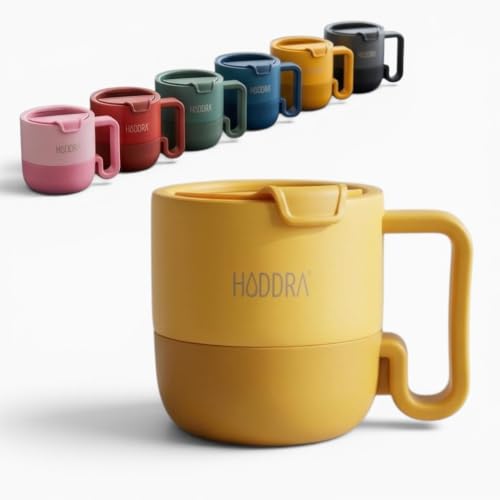 HIDDRA Caneca Copo Mug Térmico 300ml com Alça e Tampa, Aço Inox 18/8, Parede Dupla, Livre de BPA, Chá, Café, Viagem, Retrô - Amarelo
