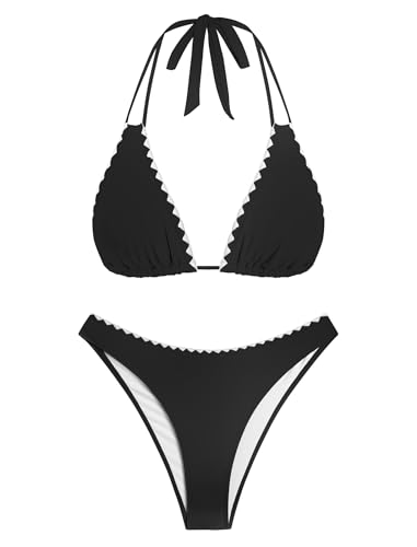 Image of ZAFUL Women Halter Dual Straps Whip Stitch Floral Triangle Bikini Swimsuits