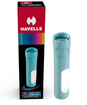 Havells ZoomRay 2W Rechargeable LED Torch | Adjustable Zoom Focus | Zoom in for Long Distance & Zoom Out for Wider Coverage | Torch & Side Light Modes | Up to 6 Hours Runtime as per Usage