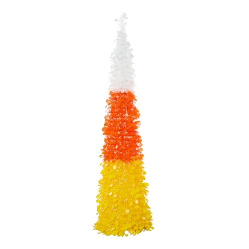 6 ft Pre-lit Pop-Up Halloween Tinsel Tree, with 50 LED Lights, Indoor Outdoor, Collapsible, Summerween, Harvest, Fall (Candy Corn)