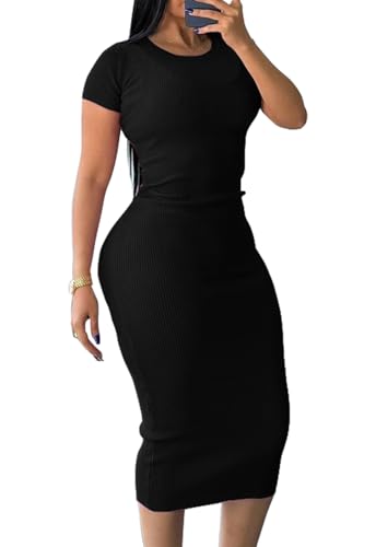 TodTan Women's Summer Casual Ribbed Dress Short Sleeve Crewneck Slim Fit T Shirt Bodycon Dresses Black-a