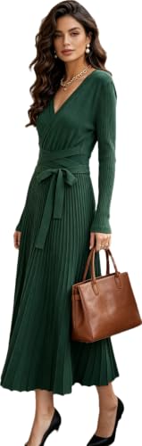 Image of RanRui Womens Winter Fall Pleated Knitted Fit and Flare Long Sleeve Sweater Dress