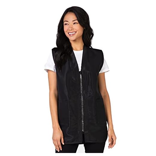 Betty Dain Glitz Rhinestone Zipper Salon Stylist Vest, Rhinestone Closure and Iridescent Fabric, V-Neckline, Adjustable Belt, Pockets with Zippered Bottoms, Water Resistant Lightweight, Black, L