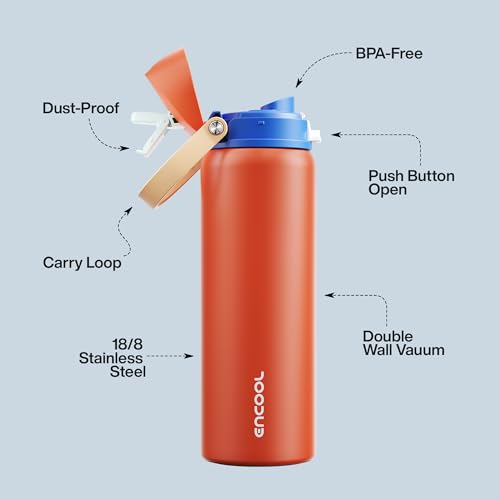 Image of Insulated Water Bottle with Straw - Encool Stainless Steel Water Bottle with Push Button Lid, Leak-Proof & BPA-Free, Keeps Cold for 24 Hours for Sports, Travel, Gym (32 oz, Salmon)