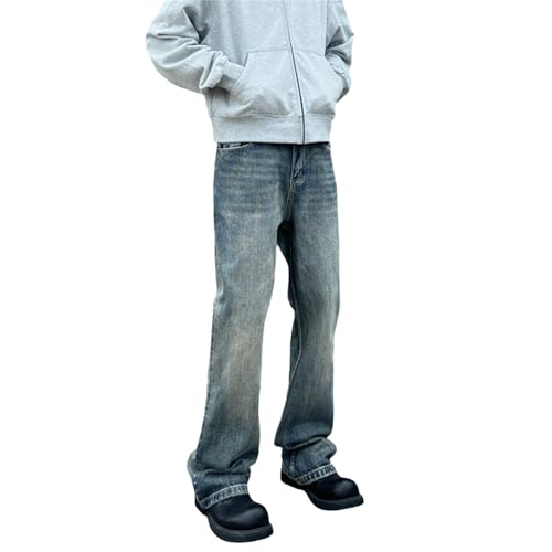 Jeans Pants Trouser Denim Retro Washed Blue Flared Casual Commuter Straight Leg for Men