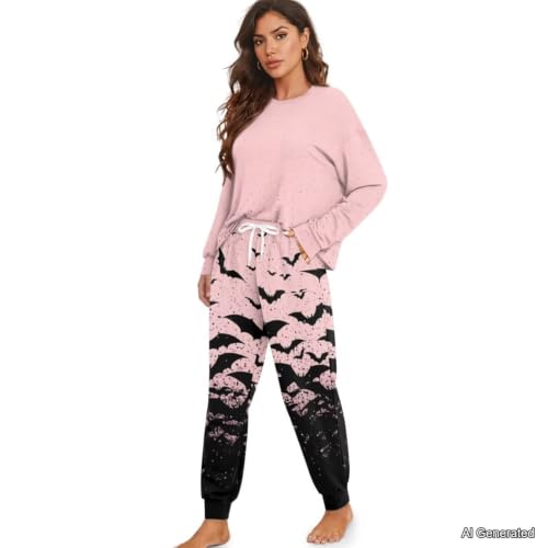 Image of Womens Lounge Set Long Sleeve Soft Pajama Sets | Casual 2 Piece Pj Outfit, Crewneck Sleepwear with Pockets, Adjustable Drawstring, Soft Comfy Fall Pajamas, Plus Size