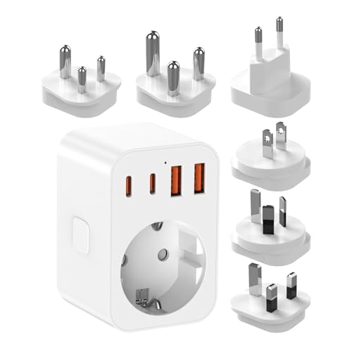ONGNIUU Adaptador de Viaje Universal, 2500W 4 USB (2 USB-C + 2 USB-A) con 6 Enchufes Intercambiables (A/C/G/I/D/M) - Compatible en 150+ Países como USA, UE, Reino Unido, Australia, Japón, Sudáfrica