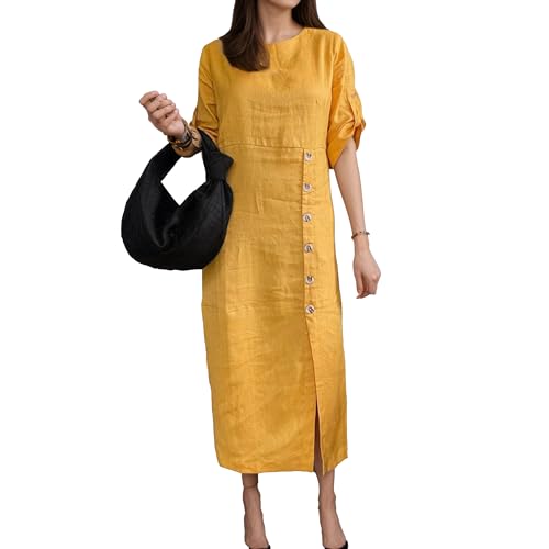Womens Crewneck Solid Button Cotton Linen Dress Half Sleeve Split Midi Dresses Casual Baggy Shift Vacation Dress