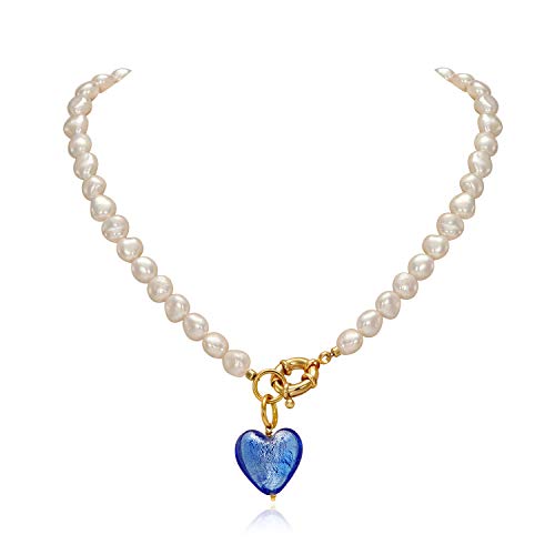 YorzAhar Pearls Strand Necklace Pearl 7-8.5mm | Blue Glass Heart Pendant Pearl Chain | Love Heart Necklace for Women Elegant Gifts