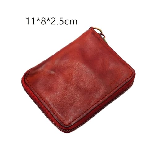 Retro Short Zipper Wallet Multifunctional Vegetable Tanned Leather Wallet Vertical Wallet(Red)2