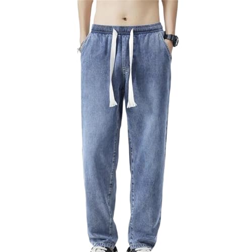 Men's Spring Fall Jeans – Soft Thin Loose Denim Pants, Elastic Waist Drawstring Casual Trousers - Main Image