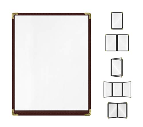 Brown, 25 Pack,1 Page / 2 Views - 8.5" x 11", Cafe Style Menu Cover, Top-Loading Double Stitched Edge, Crystal Clear Vinyl Menu Holder with Gold Decorative Corners