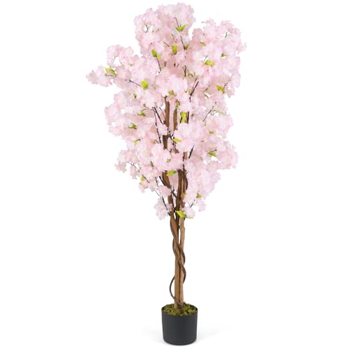 COSTWAY Lot de 2 Plantes Artificielles en Pot Pépinière 150CM avec 972 Fleurs Roses, Fausse Cerisier avec Troncs en Bois Véritable, Décoration Moderne pour...