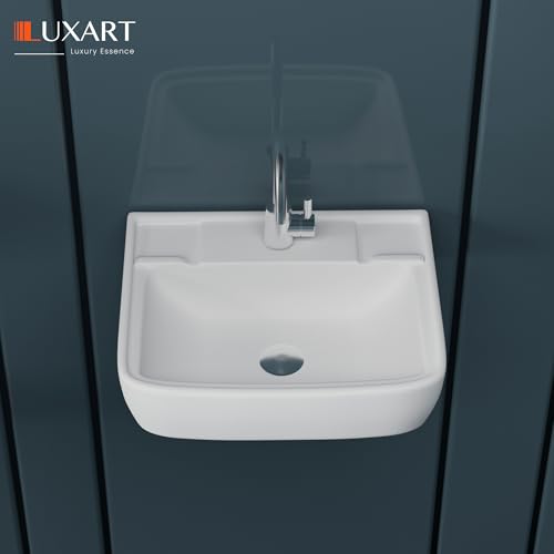 Image of LUXART Wall Mount Ceramic Wash Basin - Wall Hung Designer Vessel Sink - Bathroom Washbasin over counter For Hotel Home Living Room - Glossy Finish (15.5x13.5 Inch, White)