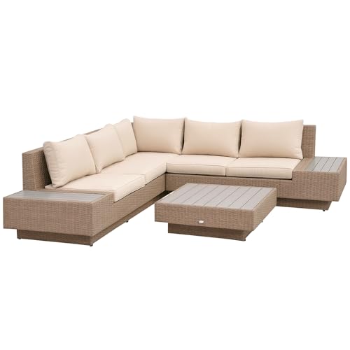Outsunny Set Salotto da Giardino 4 Pezzi in Rattan, Set Mobili da Giardino con Divano da Esterno Angolare con Cuscini, Tavolini Laterali e Tavolo da Caffè, Marrone Chiaro