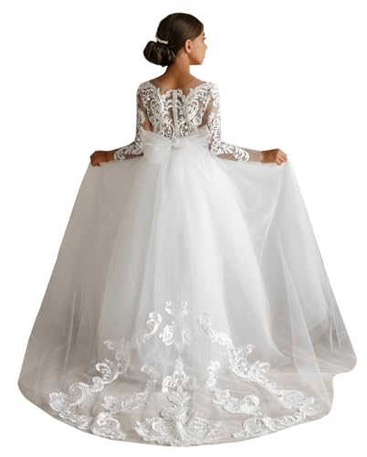 M_RAC Lace Flower Girls Dresses for Wedding Long Sleeve Tulle Princess Party Dress with Train