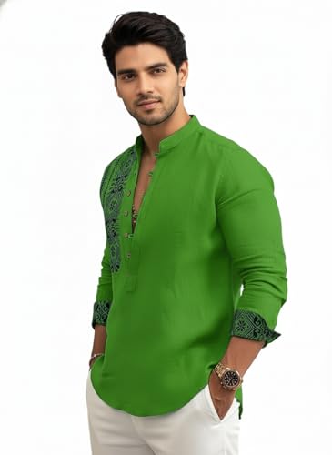 Image of Amazon Brand - INKAST Men's Cotton Blend Mandarin Collar Self One Design Full Sleeve Casual Short Kurta