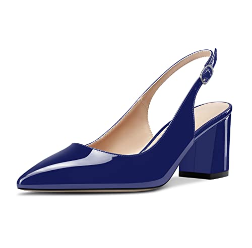 Castamere Femmes Mi Bloc Chunky Talon Heel Pointu Bout Slingback Escarpins Slip-on Cute Dress Lanières Cheville Sandales 6.5 CM Heels Bleu Marin Vernis 39 EU Cover