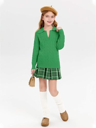 Image of Girls Sweaters Kids Fashion Cable Knit Collared V Neck Pullover Sweater Tops 5-14 Years