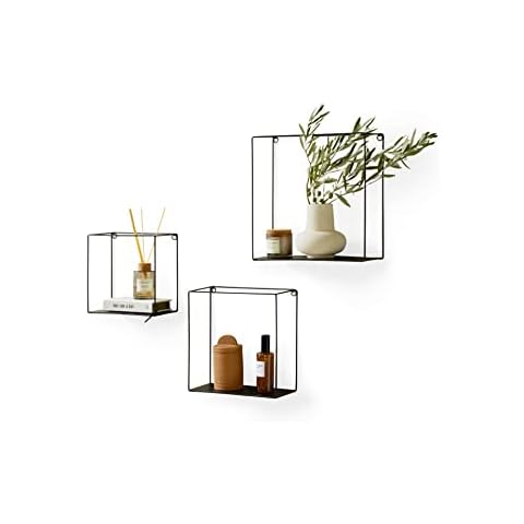 LIFA LIVING Set of 3 Wall Shelves, Square Floating Bookcases, Modern Black Metal Shelving Units, Pre-assembled Decorative Hanging Shelves, 3 kg Maximum Capacity Cover