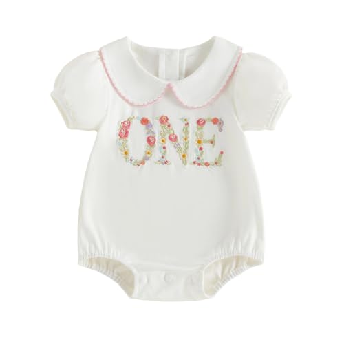Geagodelia 1st Birthday Baby Grow for Girls One Year Old First Birthday Cake Smash Outfits Peter Pan Collar Short Puff Sleeve Summer Clothes (One Floral White 12-18 Months)