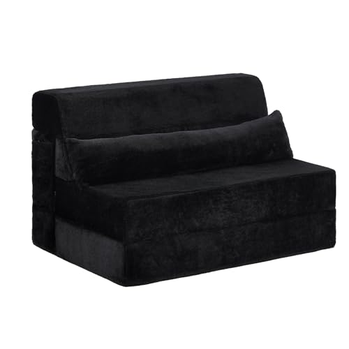 Image of Tiita Convertible Folding Sofa Bed Mattress with Pillow & Side Pocket, Plush Fabric Floor Mattress Couch Bed, Washable Cover, Twin Size, Black