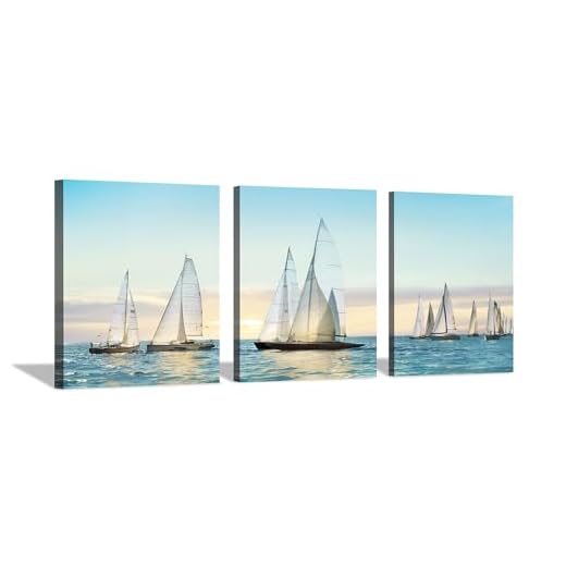 Hardy Gallery sailboat wall art coastal pictures: nautical wall decor sailing artwork blue ocean print in canvas painting for bathroom 12" x 16" x 3 panels