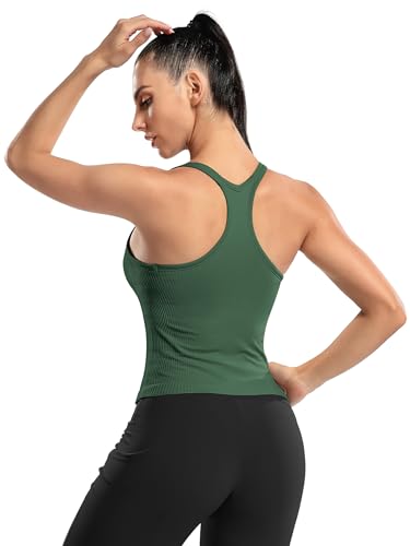 Image of ATTRACO Ribflex Ribbed Workout Crop Tops with Built in Bra for Women Yoga Racerback Tank Top Slim Fit